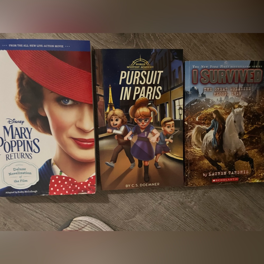 3 preteen books “Mary poppins returns” “pursuit in Paris” “I survived”